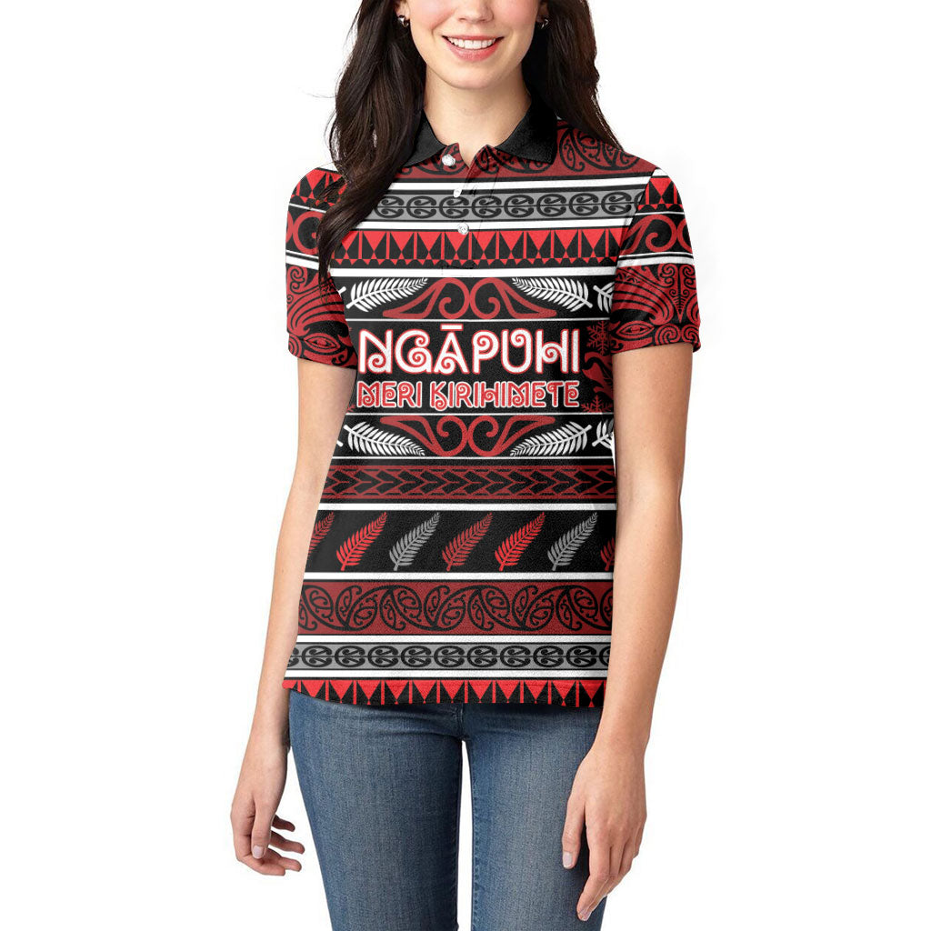 Personalised Ngapuhi Aotearoa Meri Kirihimete Women Polo Shirt Maori Silver Fern Koru Tribal Pattern