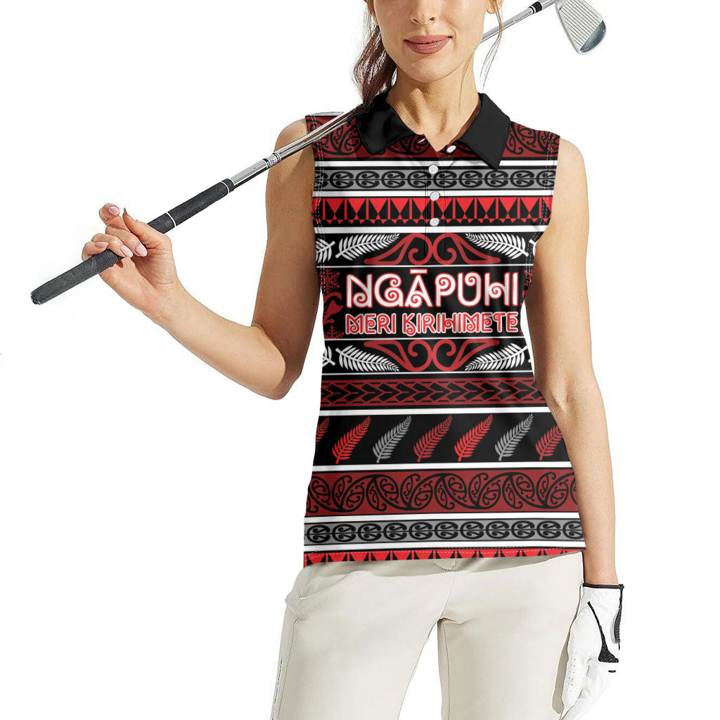 Personalised Ngapuhi Aotearoa Meri Kirihimete Women Sleeveless Polo Shirt Maori Silver Fern Koru Tribal Pattern