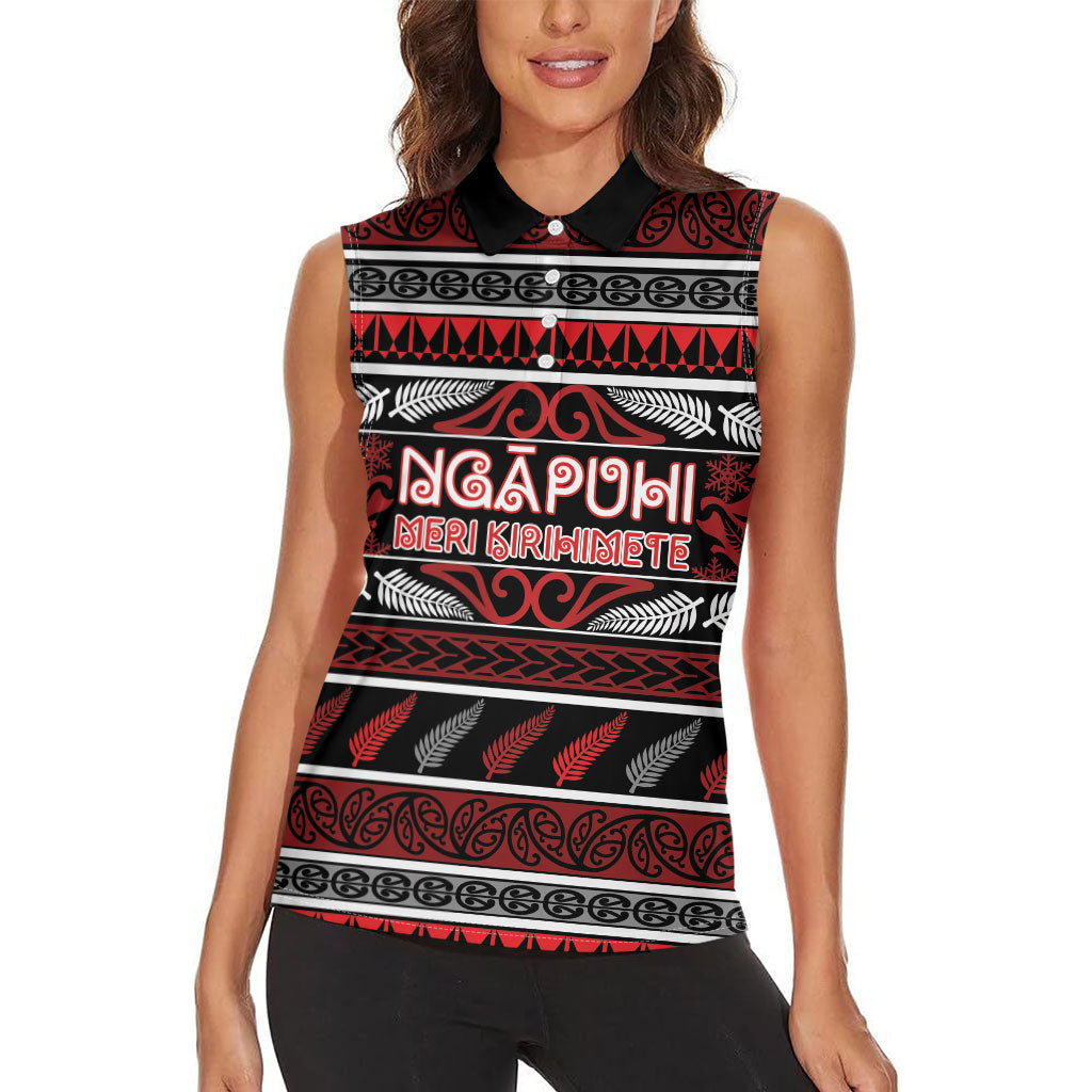Personalised Ngapuhi Aotearoa Meri Kirihimete Women Sleeveless Polo Shirt Maori Silver Fern Koru Tribal Pattern