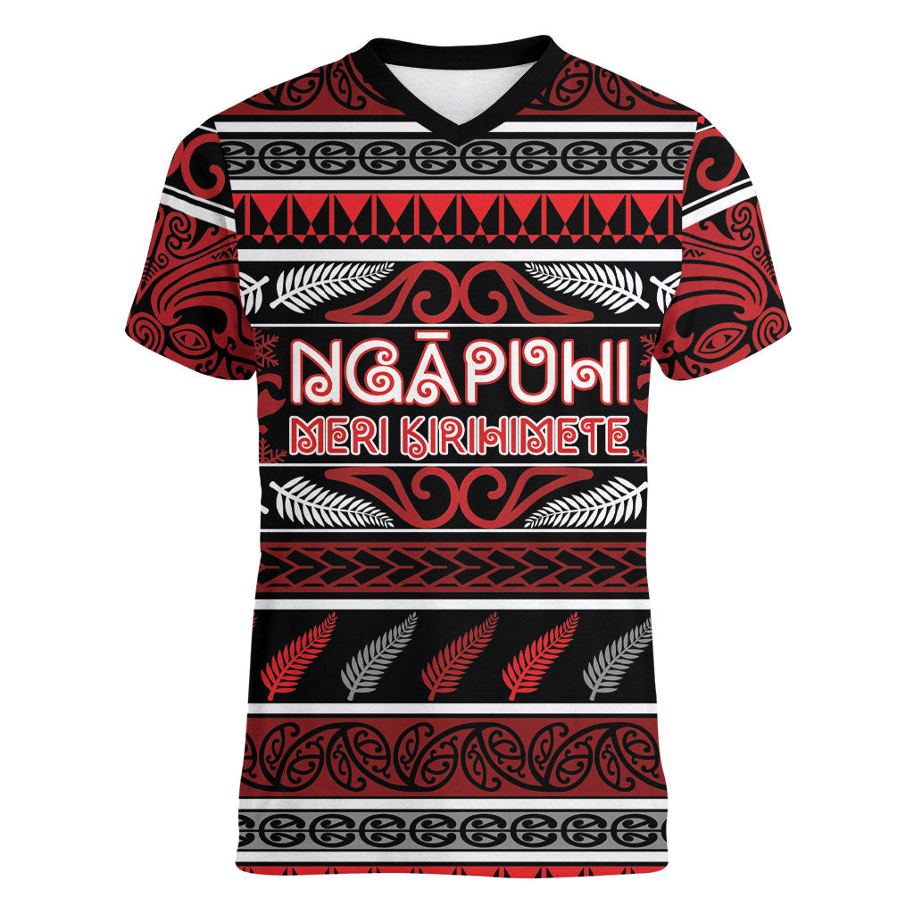 Personalised Ngapuhi Aotearoa Meri Kirihimete Women V-Neck T-Shirt Maori Silver Fern Koru Tribal Pattern