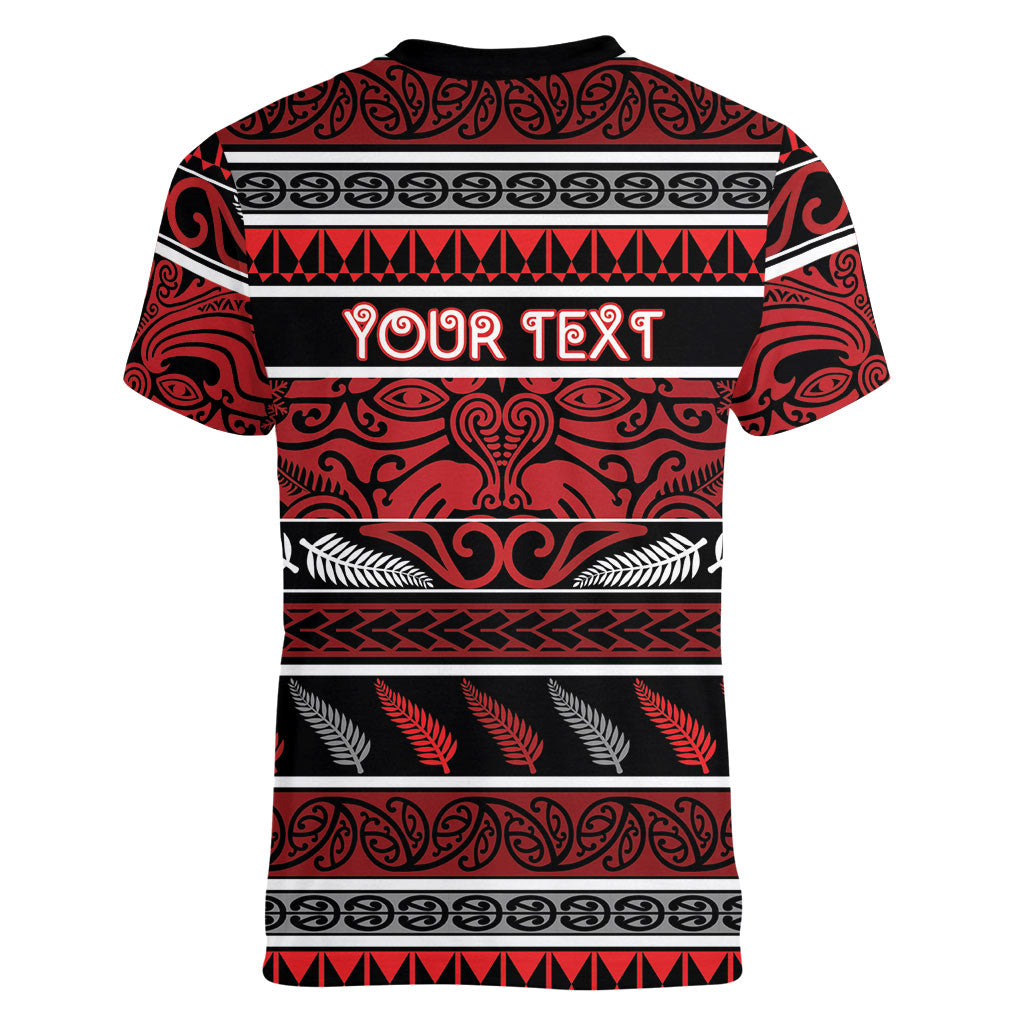 Personalised Ngapuhi Aotearoa Meri Kirihimete Women V-Neck T-Shirt Maori Silver Fern Koru Tribal Pattern