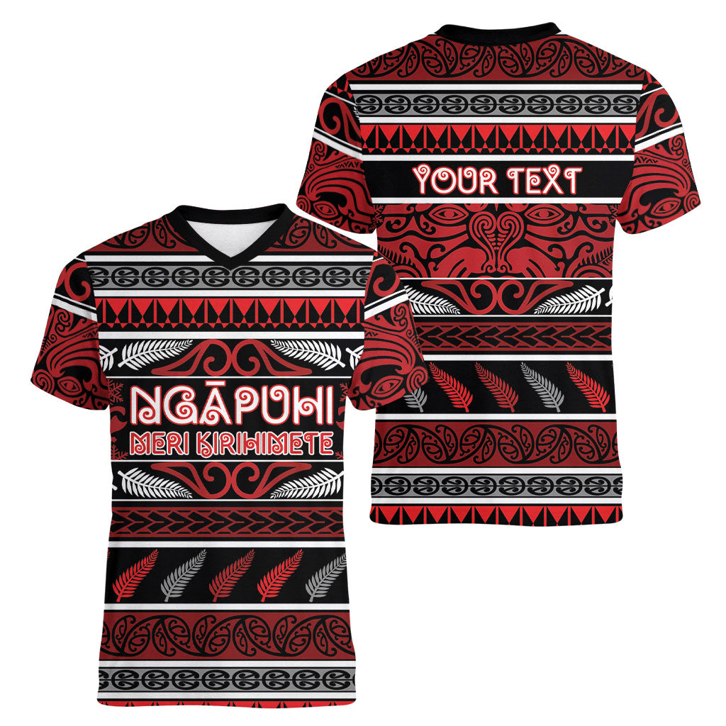 Personalised Ngapuhi Aotearoa Meri Kirihimete Women V-Neck T-Shirt Maori Silver Fern Koru Tribal Pattern