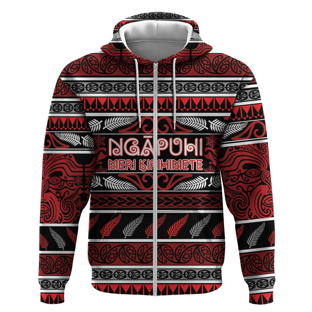 Personalised Ngapuhi Aotearoa Meri Kirihimete Zip Hoodie Maori Silver Fern Koru Tribal Pattern