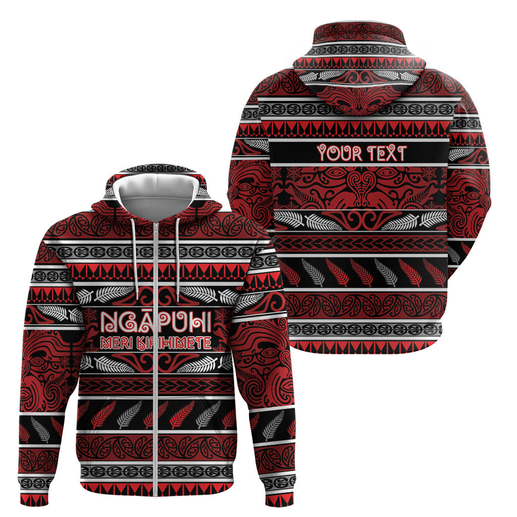 Personalised Ngapuhi Aotearoa Meri Kirihimete Zip Hoodie Maori Silver Fern Koru Tribal Pattern