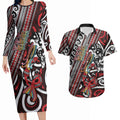Personalised Maori Language Week Couples Matching Long Sleeve Bodycon Dress and Hawaiian Shirt Ake Ake Ake Tribal Patterns