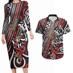 Personalised Maori Language Week Couples Matching Long Sleeve Bodycon Dress and Hawaiian Shirt Ake Ake Ake Tribal Patterns