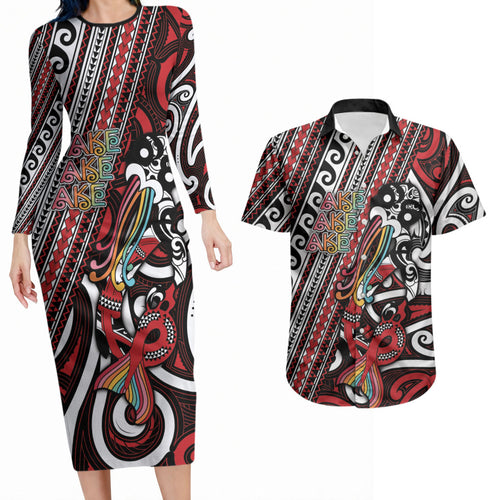 Personalised Maori Language Week Couples Matching Long Sleeve Bodycon Dress and Hawaiian Shirt Ake Ake Ake Tribal Patterns