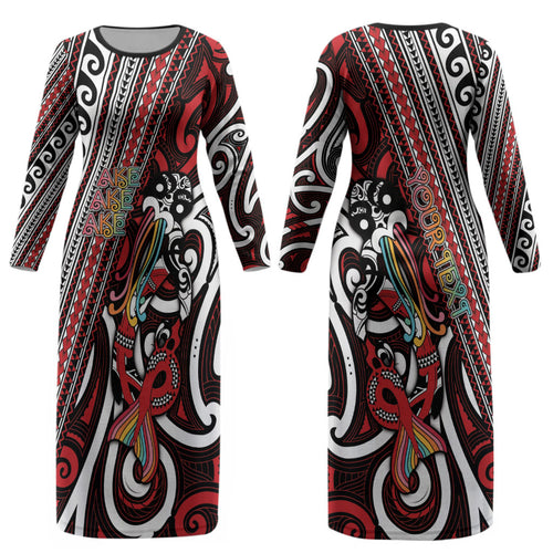 Personalised Maori Language Week Couples Matching Long Sleeve Bodycon Dress and Hawaiian Shirt Ake Ake Ake Tribal Patterns