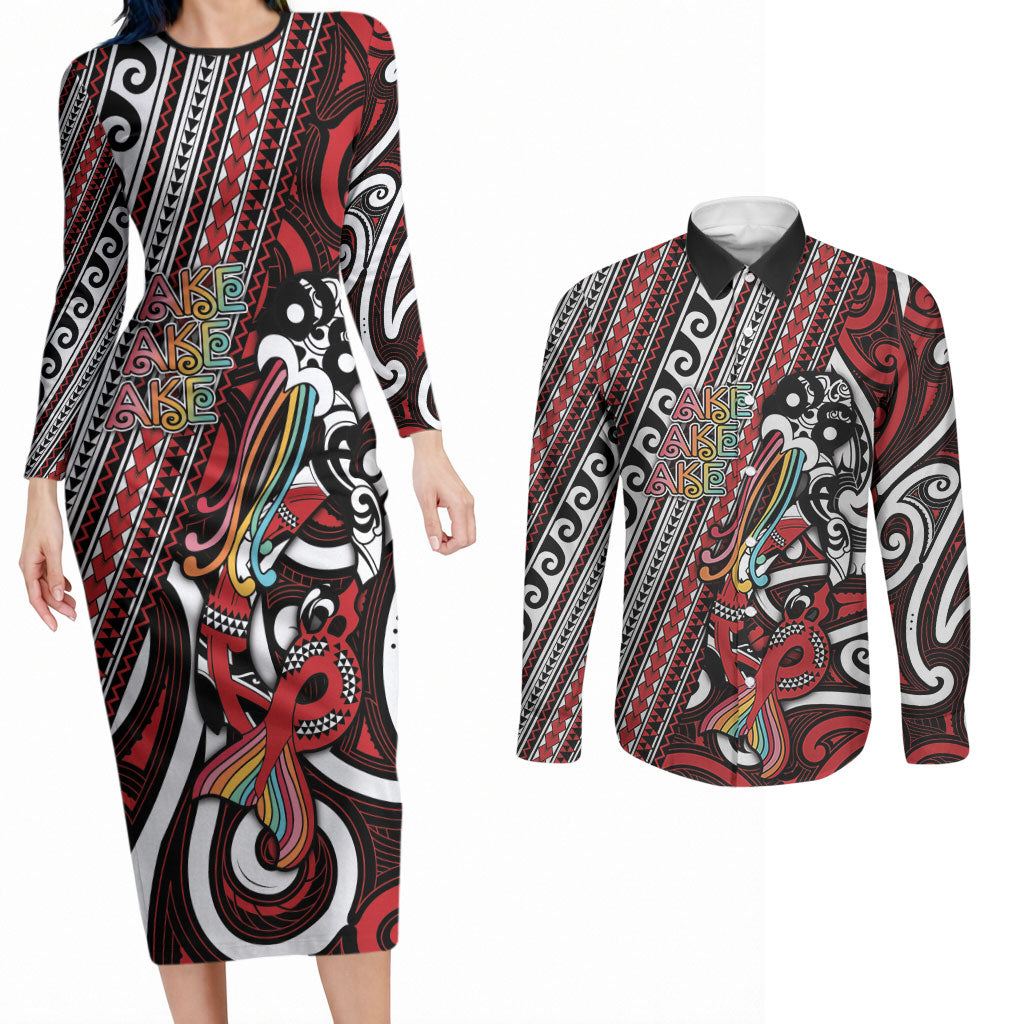 Personalised Maori Language Week Couples Matching Long Sleeve Bodycon Dress and Long Sleeve Button Shirt Ake Ake Ake Tribal Patterns