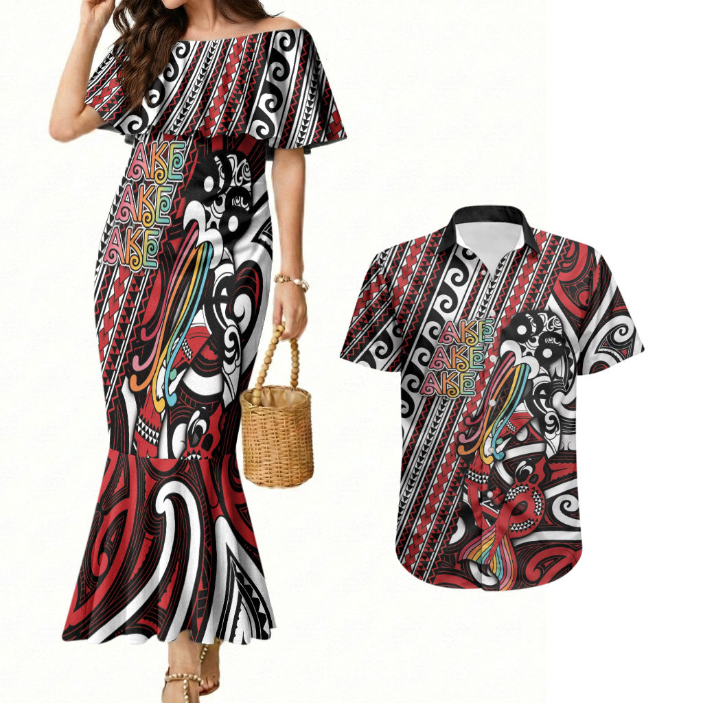 Personalised Maori Language Week Couples Matching Mermaid Dress and Hawaiian Shirt Ake Ake Ake Tribal Patterns