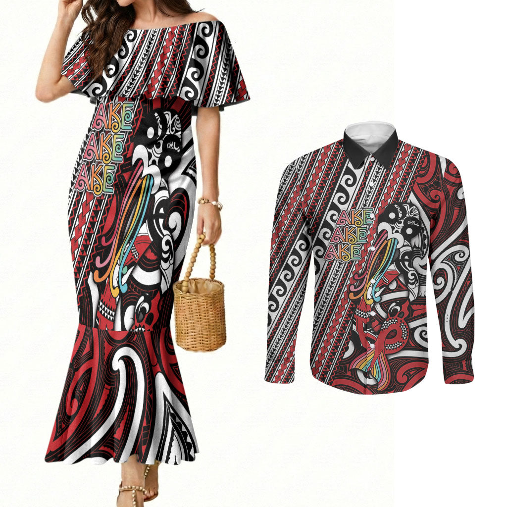 Personalised Maori Language Week Couples Matching Mermaid Dress and Long Sleeve Button Shirt Ake Ake Ake Tribal Patterns