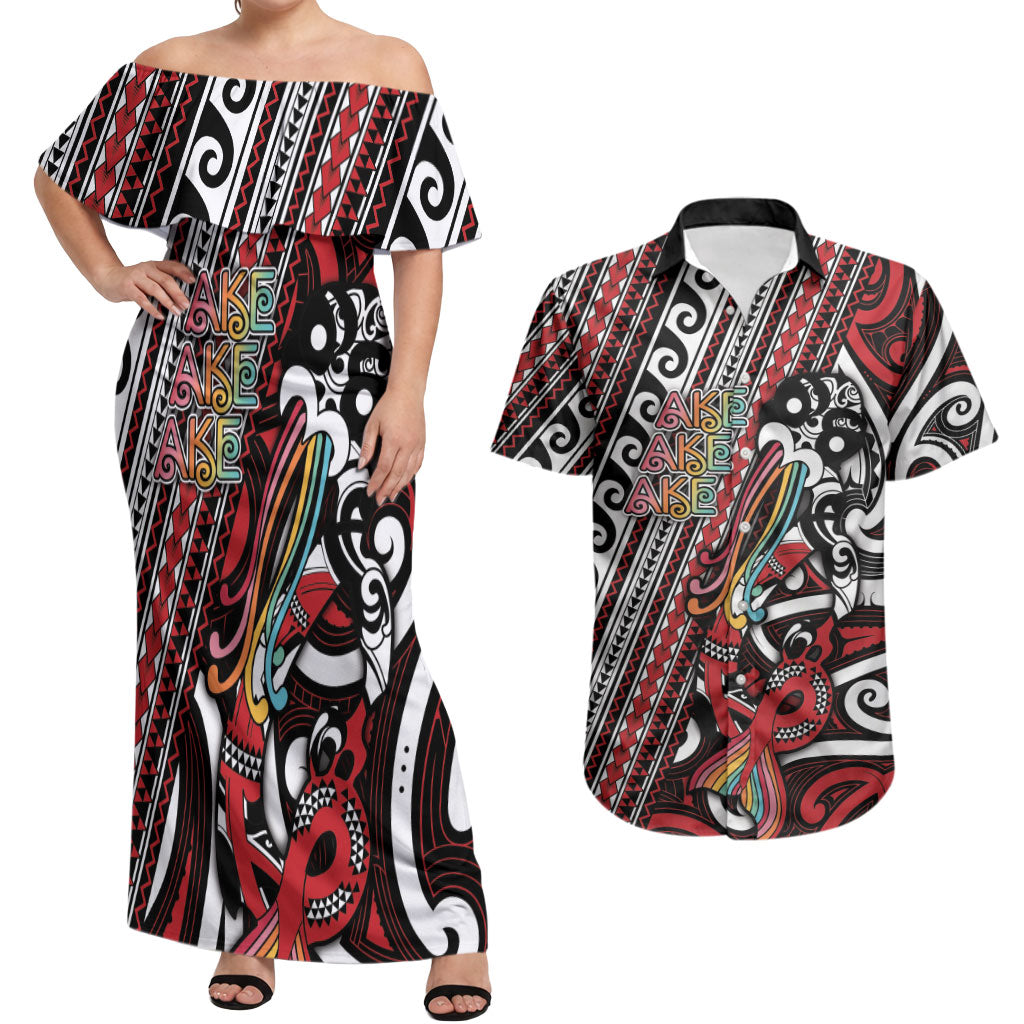Personalised Maori Language Week Couples Matching Off Shoulder Maxi Dress and Hawaiian Shirt Ake Ake Ake Tribal Patterns