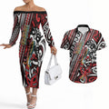 Personalised Maori Language Week Couples Matching Off The Shoulder Long Sleeve Dress and Hawaiian Shirt Ake Ake Ake Tribal Patterns