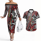 Personalised Maori Language Week Couples Matching Off The Shoulder Long Sleeve Dress and Hawaiian Shirt Ake Ake Ake Tribal Patterns