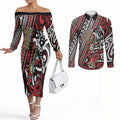Personalised Maori Language Week Couples Matching Off The Shoulder Long Sleeve Dress and Long Sleeve Button Shirt Ake Ake Ake Tribal Patterns