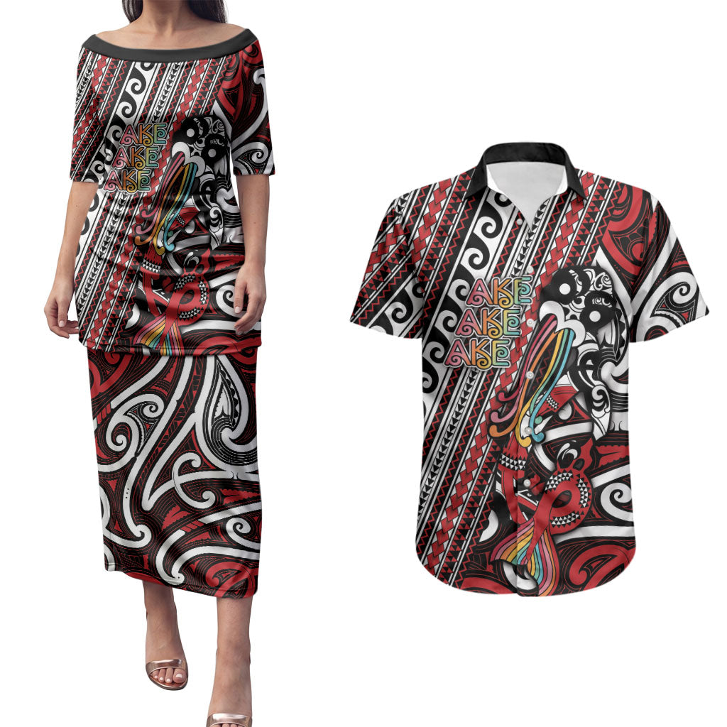 Personalised Maori Language Week Couples Matching Puletasi and Hawaiian Shirt Ake Ake Ake Tribal Patterns