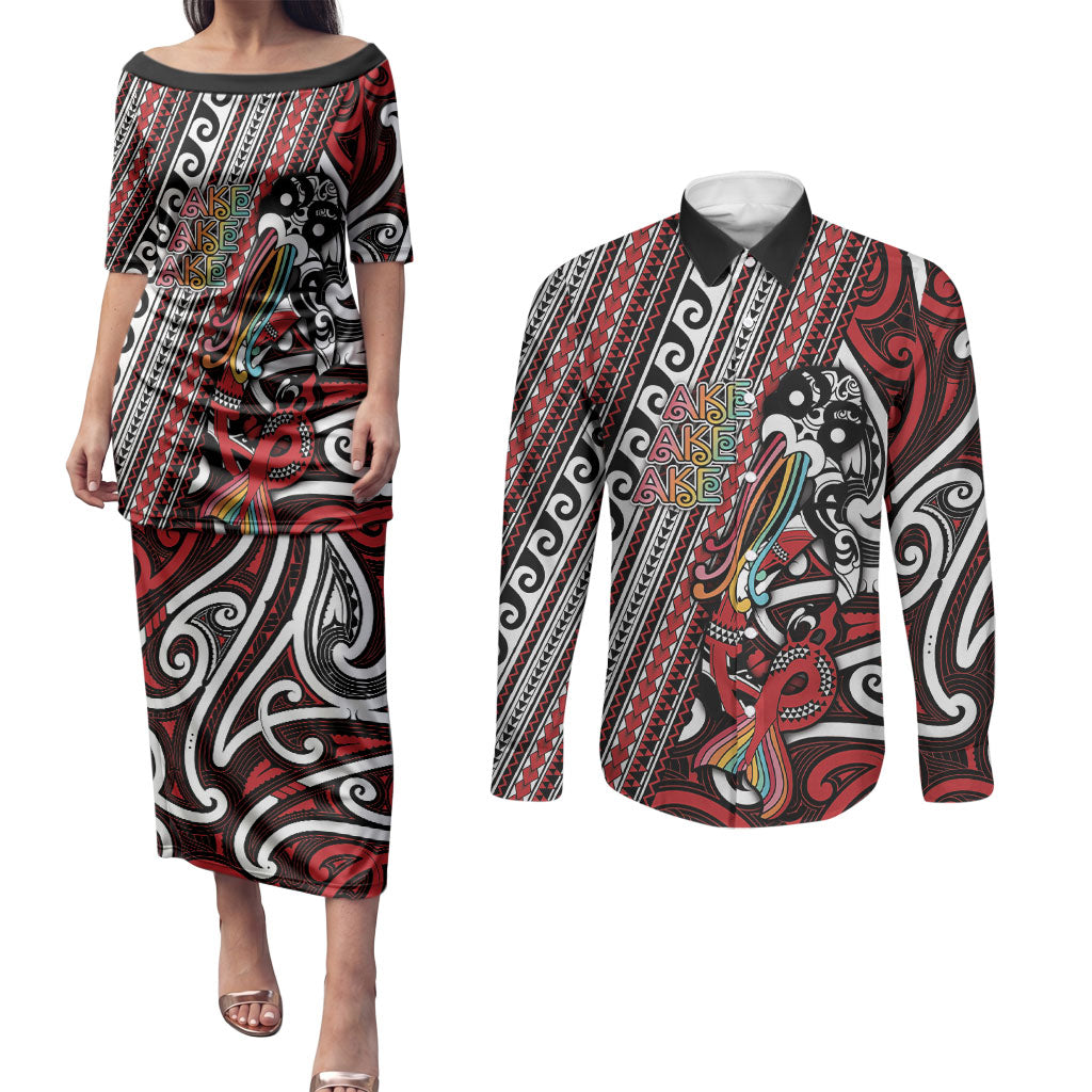 Personalised Maori Language Week Couples Matching Puletasi and Long Sleeve Button Shirt Ake Ake Ake Tribal Patterns