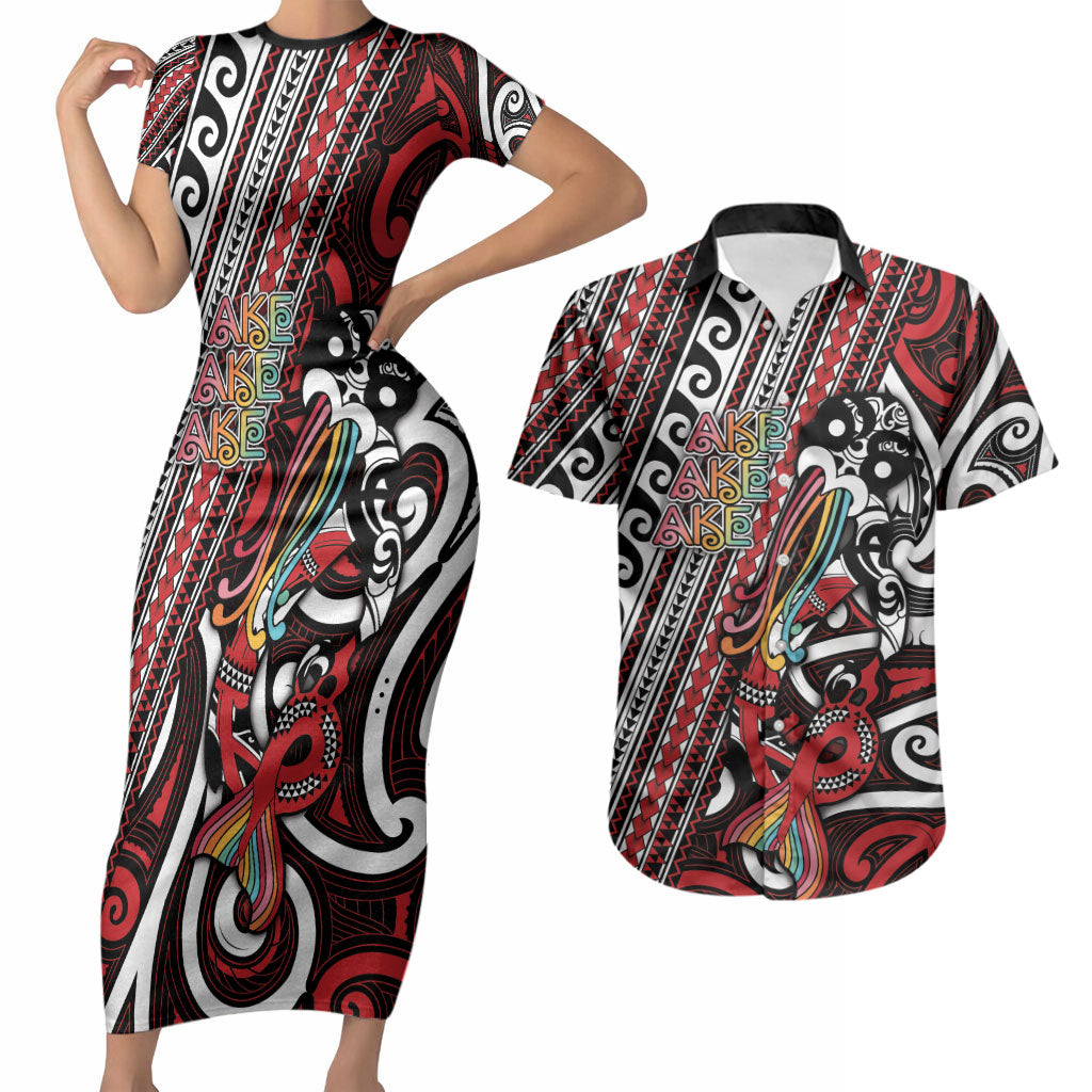 Personalised Maori Language Week Couples Matching Short Sleeve Bodycon Dress and Hawaiian Shirt Ake Ake Ake Tribal Patterns