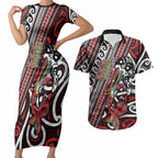 Personalised Maori Language Week Couples Matching Short Sleeve Bodycon Dress and Hawaiian Shirt Ake Ake Ake Tribal Patterns