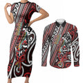 Personalised Maori Language Week Couples Matching Short Sleeve Bodycon Dress and Long Sleeve Button Shirt Ake Ake Ake Tribal Patterns