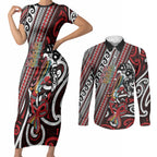 Personalised Maori Language Week Couples Matching Short Sleeve Bodycon Dress and Long Sleeve Button Shirt Ake Ake Ake Tribal Patterns