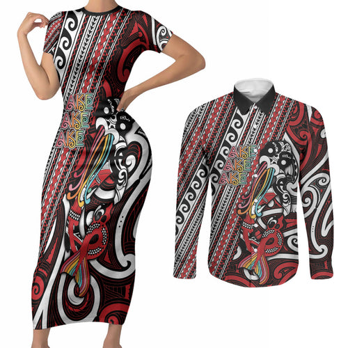 Personalised Maori Language Week Couples Matching Short Sleeve Bodycon Dress and Long Sleeve Button Shirt Ake Ake Ake Tribal Patterns