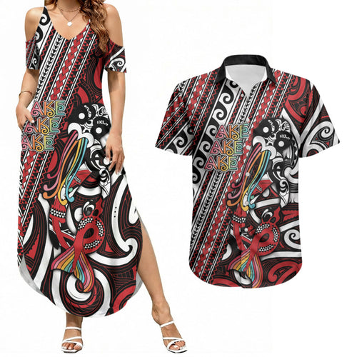 Personalised Maori Language Week Couples Matching Summer Maxi Dress and Hawaiian Shirt Ake Ake Ake Tribal Patterns