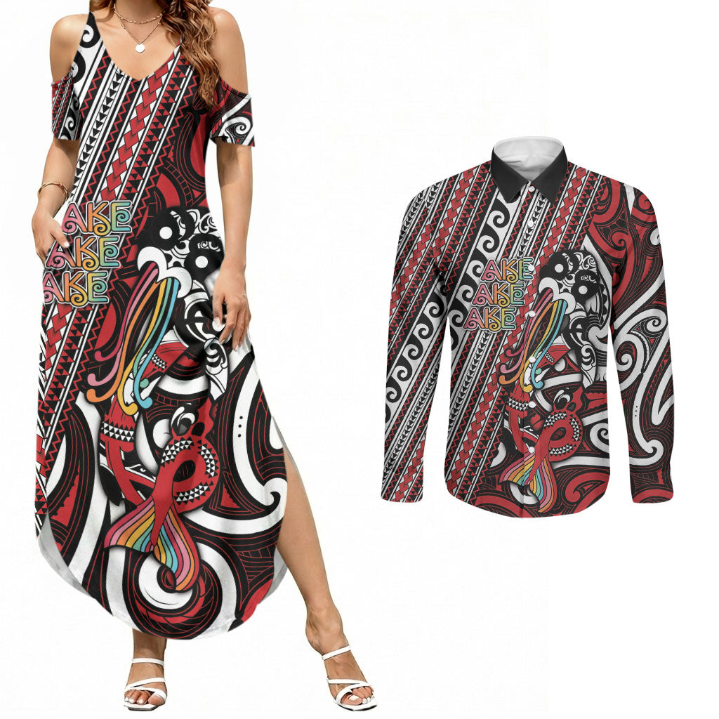 Personalised Maori Language Week Couples Matching Summer Maxi Dress and Long Sleeve Button Shirt Ake Ake Ake Tribal Patterns