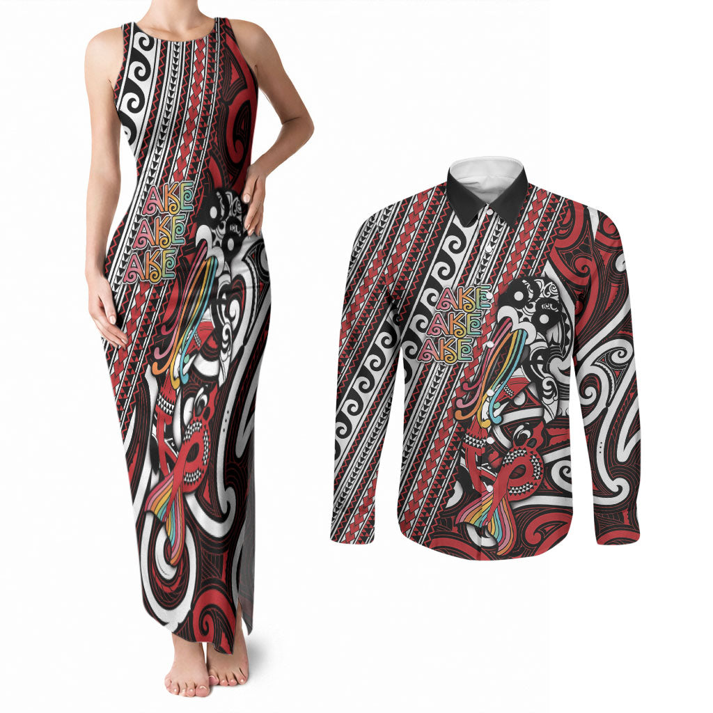Personalised Maori Language Week Couples Matching Tank Maxi Dress and Long Sleeve Button Shirt Ake Ake Ake Tribal Patterns