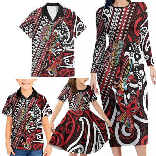 Personalised Maori Language Week Family Matching Long Sleeve Bodycon Dress and Hawaiian Shirt Ake Ake Ake Tribal Patterns
