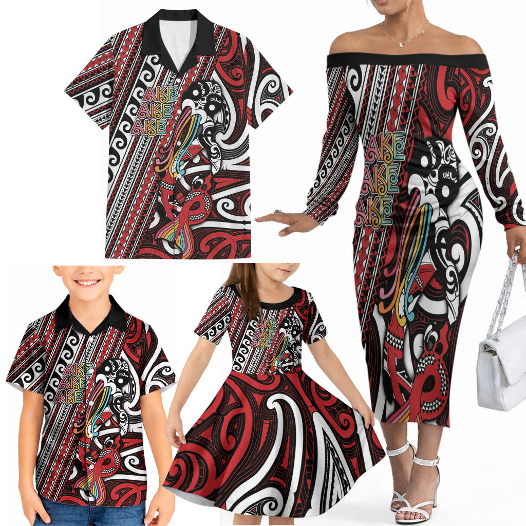 Personalised Maori Language Week Family Matching Off The Shoulder Long Sleeve Dress and Hawaiian Shirt Ake Ake Ake Tribal Patterns