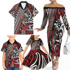 Personalised Maori Language Week Family Matching Off The Shoulder Long Sleeve Dress and Hawaiian Shirt Ake Ake Ake Tribal Patterns