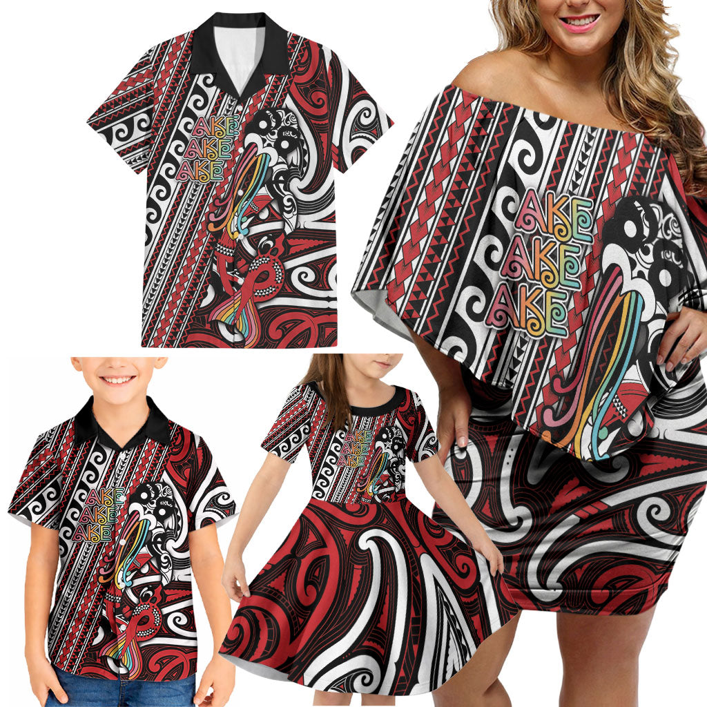 Personalised Maori Language Week Family Matching Off Shoulder Short Dress and Hawaiian Shirt Ake Ake Ake Tribal Patterns