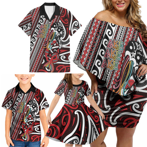 Personalised Maori Language Week Family Matching Off Shoulder Short Dress and Hawaiian Shirt Ake Ake Ake Tribal Patterns