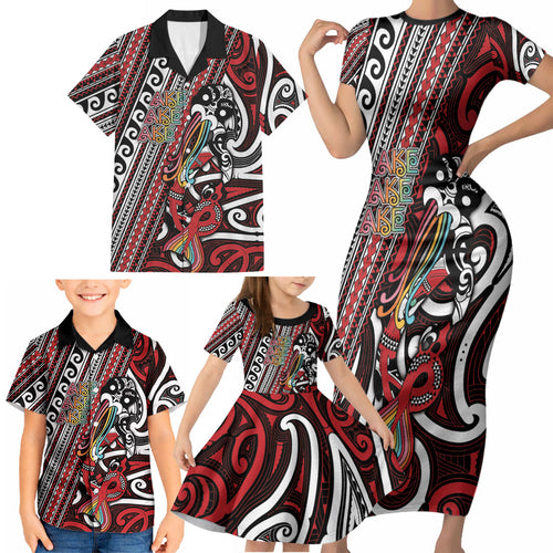 Personalised Maori Language Week Family Matching Short Sleeve Bodycon Dress and Hawaiian Shirt Ake Ake Ake Tribal Patterns