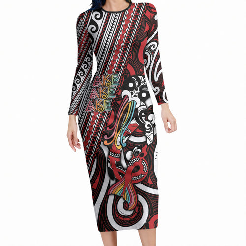 Personalised Maori Language Week Long Sleeve Bodycon Dress Ake Ake Ake Tribal Patterns DT05