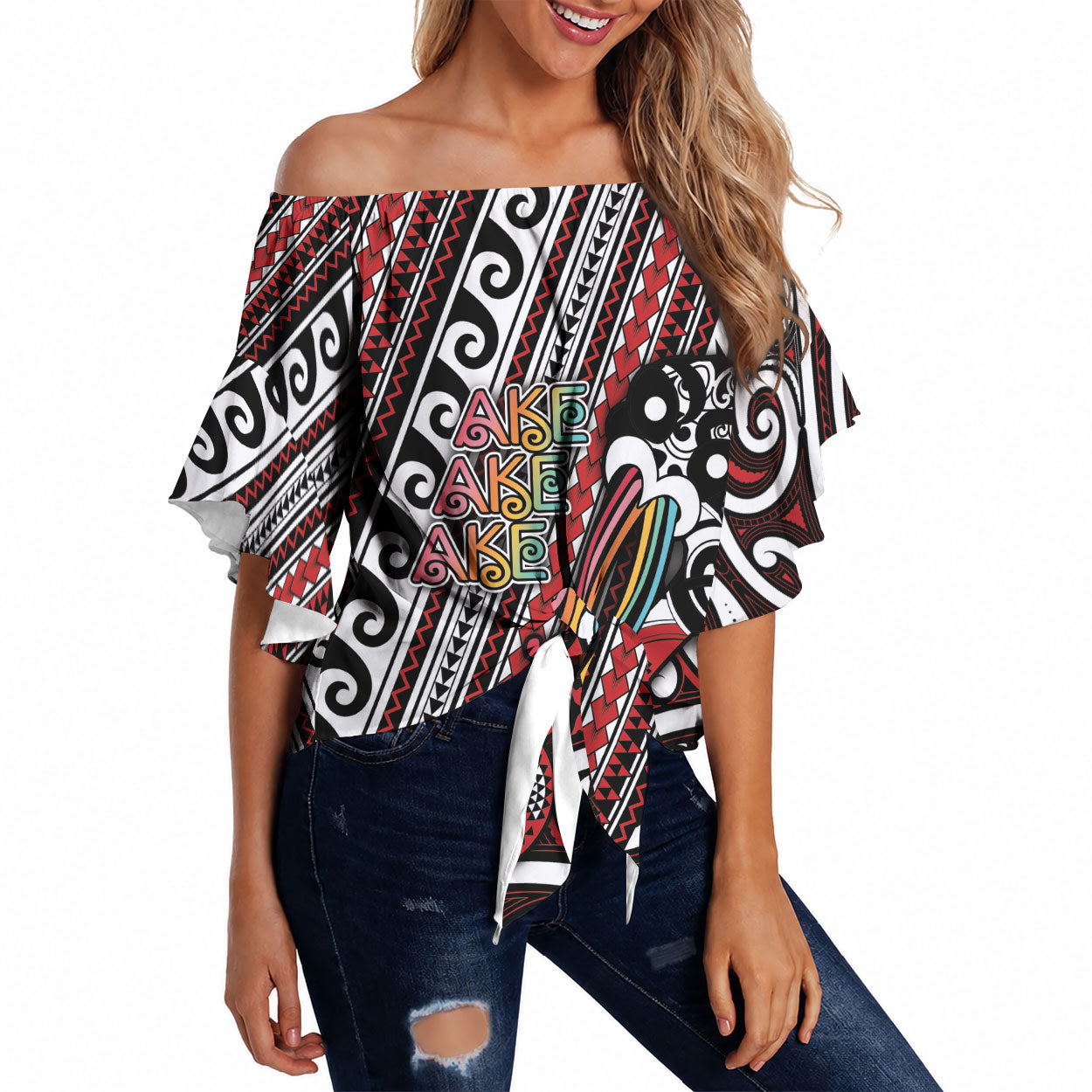 Personalised Maori Language Week Off Shoulder Wrap Waist Top Ake Ake Ake Tribal Patterns