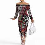 Personalised Maori Language Week Off The Shoulder Long Sleeve Dress Ake Ake Ake Tribal Patterns