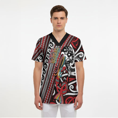 Personalised Maori Language Week Scrub Top Ake Ake Ake Tribal Patterns
