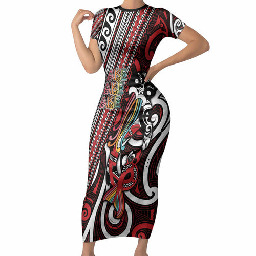 Personalised Maori Language Week Short Sleeve Bodycon Dress Ake Ake Ake Tribal Patterns