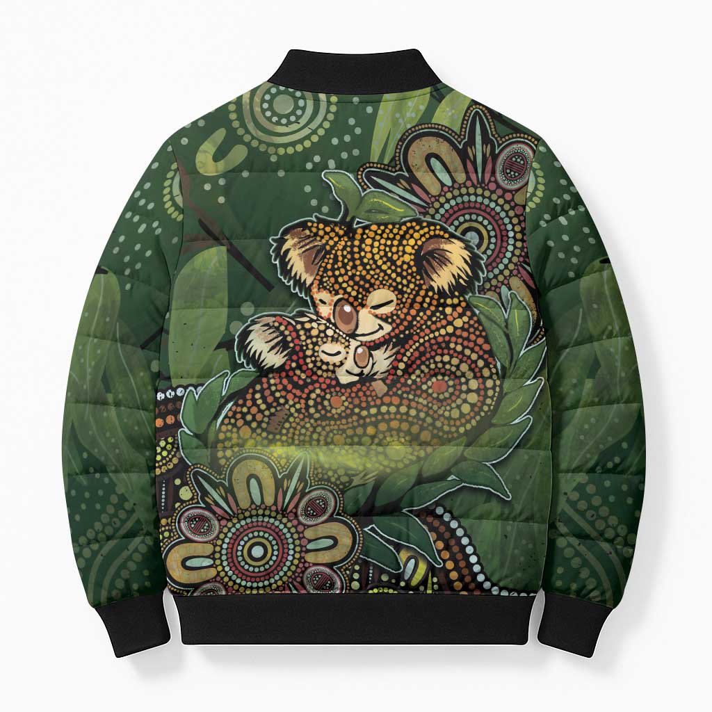Personalised Koala Mum Australia Mother's Day Bomber Puffer Jacket Aboriginal Dot Art Floral Joey Hug
