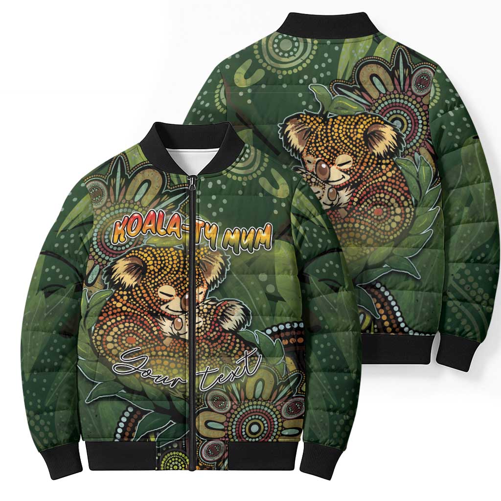 Personalised Koala Mum Australia Mother's Day Bomber Puffer Jacket Aboriginal Dot Art Floral Joey Hug