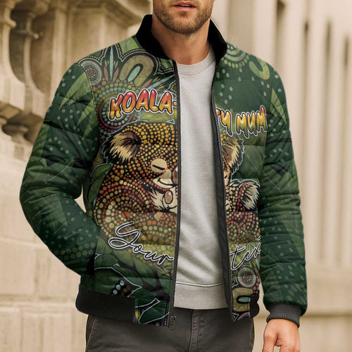 Personalised Koala Mum Australia Mother's Day Bomber Puffer Jacket Aboriginal Dot Art Floral Joey Hug