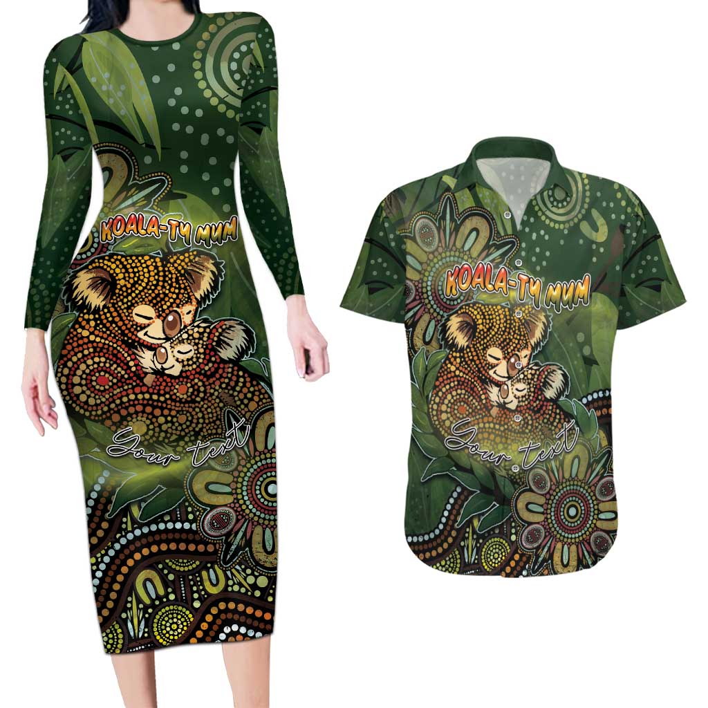 Personalised Koala Mum Australia Mother's Day Couples Matching Long Sleeve Bodycon Dress and Hawaiian Shirt Aboriginal Dot Art Floral Joey Hug