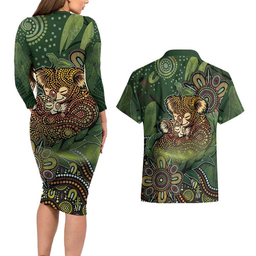 Personalised Koala Mum Australia Mother's Day Couples Matching Long Sleeve Bodycon Dress and Hawaiian Shirt Aboriginal Dot Art Floral Joey Hug