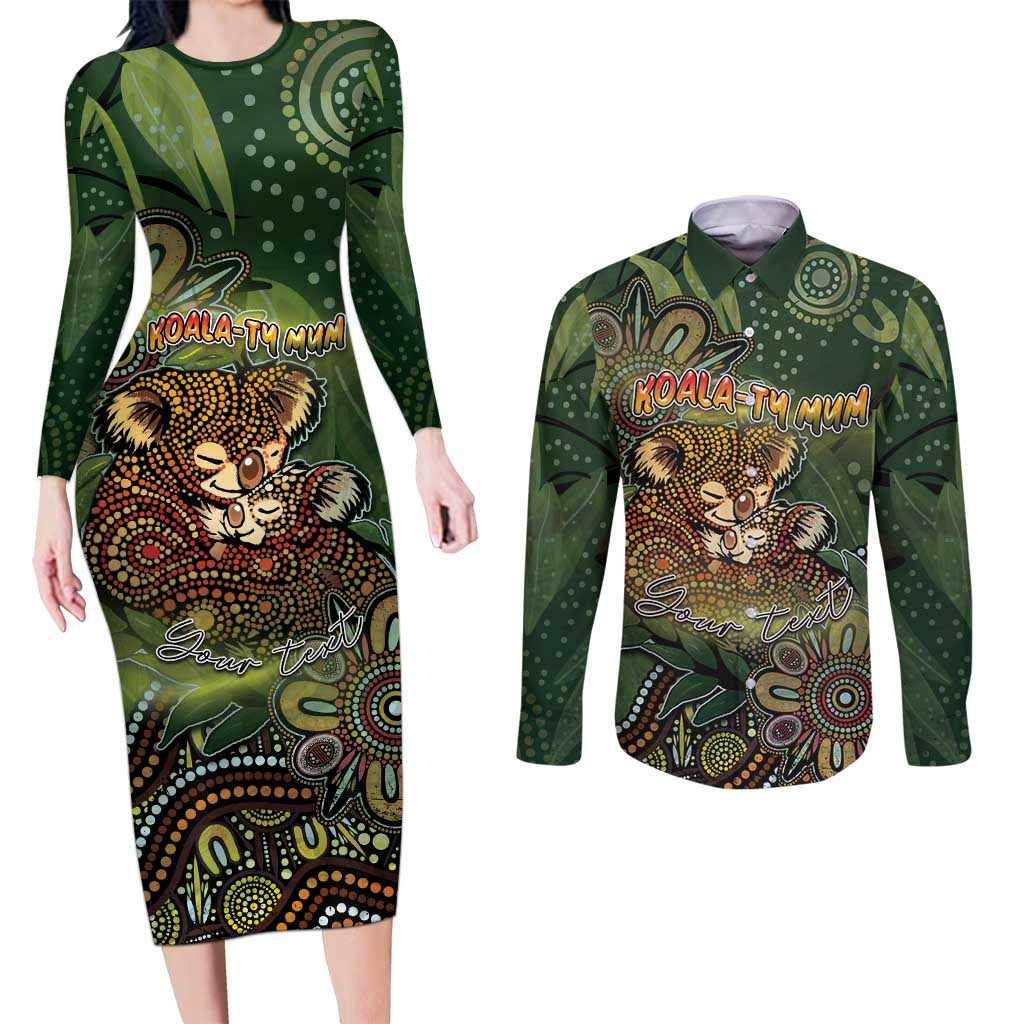 Personalised Koala Mum Australia Mother's Day Couples Matching Long Sleeve Bodycon Dress and Long Sleeve Button Shirt Aboriginal Dot Art Floral Joey Hug