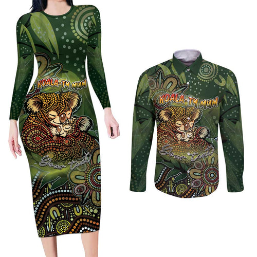 Personalised Koala Mum Australia Mother's Day Couples Matching Long Sleeve Bodycon Dress and Long Sleeve Button Shirt Aboriginal Dot Art Floral Joey Hug