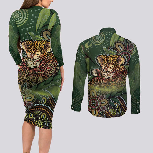 Personalised Koala Mum Australia Mother's Day Couples Matching Long Sleeve Bodycon Dress and Long Sleeve Button Shirt Aboriginal Dot Art Floral Joey Hug