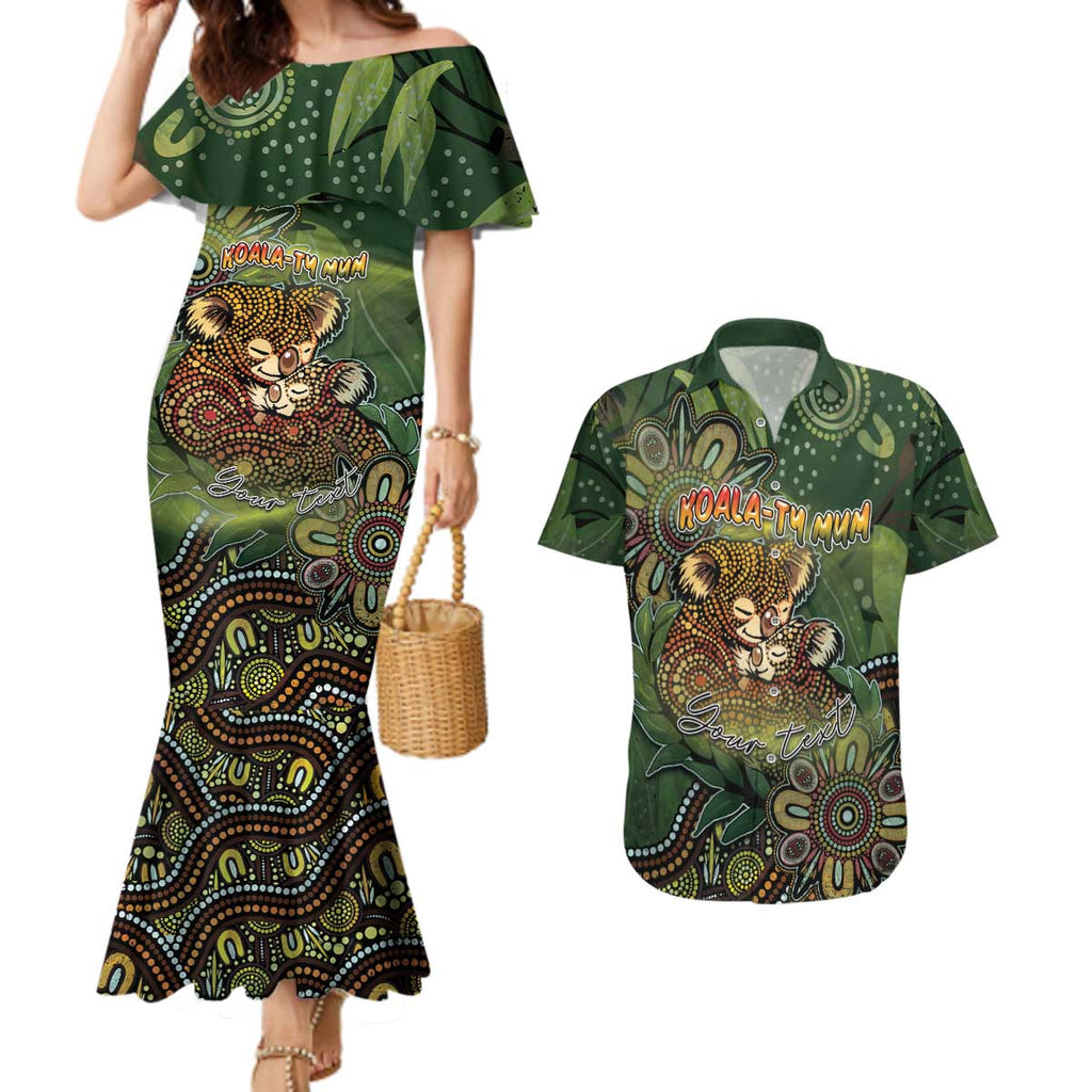 Personalised Koala Mum Australia Mother's Day Couples Matching Mermaid Dress and Hawaiian Shirt Aboriginal Dot Art Floral Joey Hug