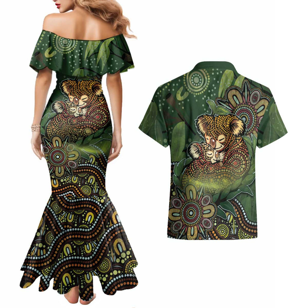 Personalised Koala Mum Australia Mother's Day Couples Matching Mermaid Dress and Hawaiian Shirt Aboriginal Dot Art Floral Joey Hug